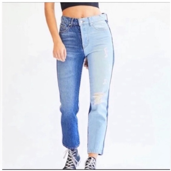 REVICE Two-Tone Straight Leg Jeans - Dark and Light Blue - Picture 1 of 7
